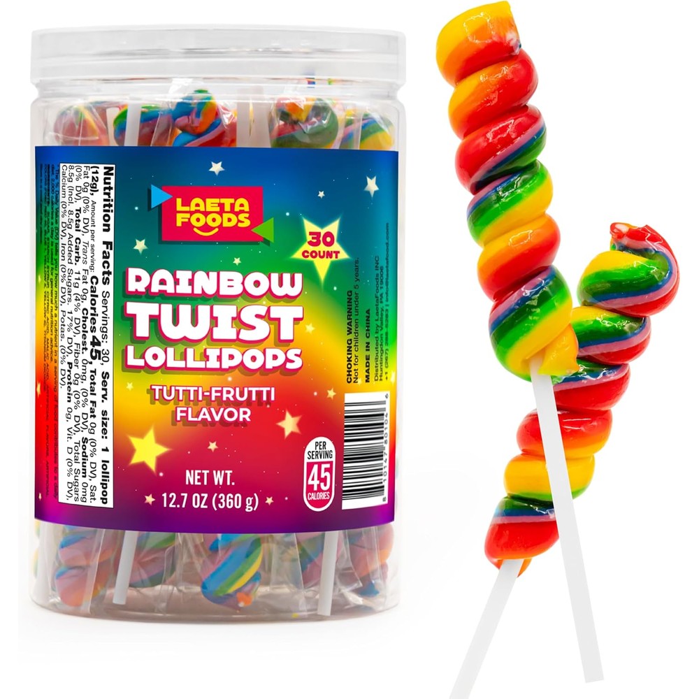 LAETAFOOD Rainbow Swirl Lollipops jar front view for birthday party candy buffets.