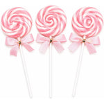 RBBZ Party Pink Swirl Lollipops front view showcasing vibrant pink and white candy spirals with attached bows.