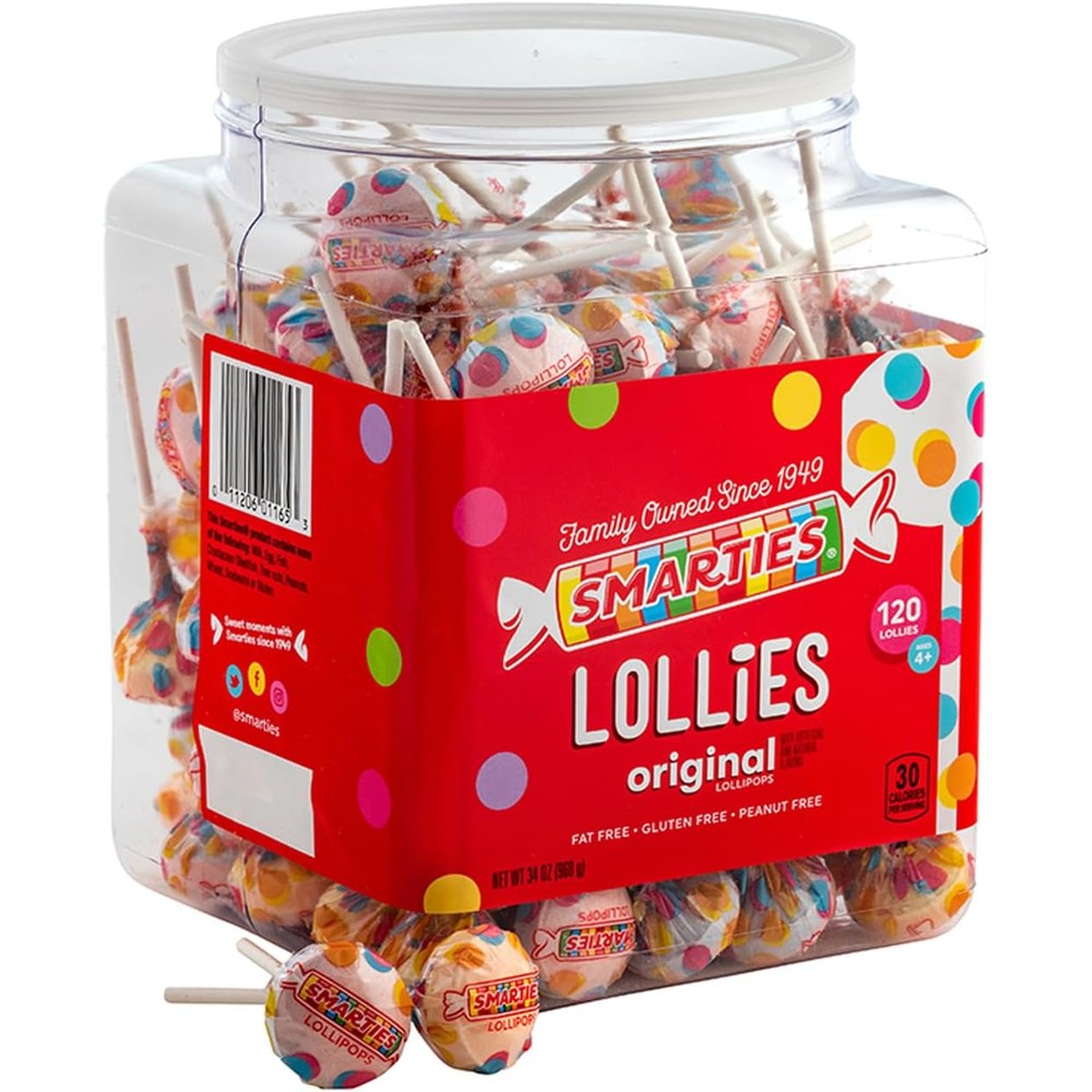 Smarties Lollies Gluten Free And Peanut Free Assorted Fruity Flavors Lollipops Jar Thirty Four Ounce One Hundred Twenty Count