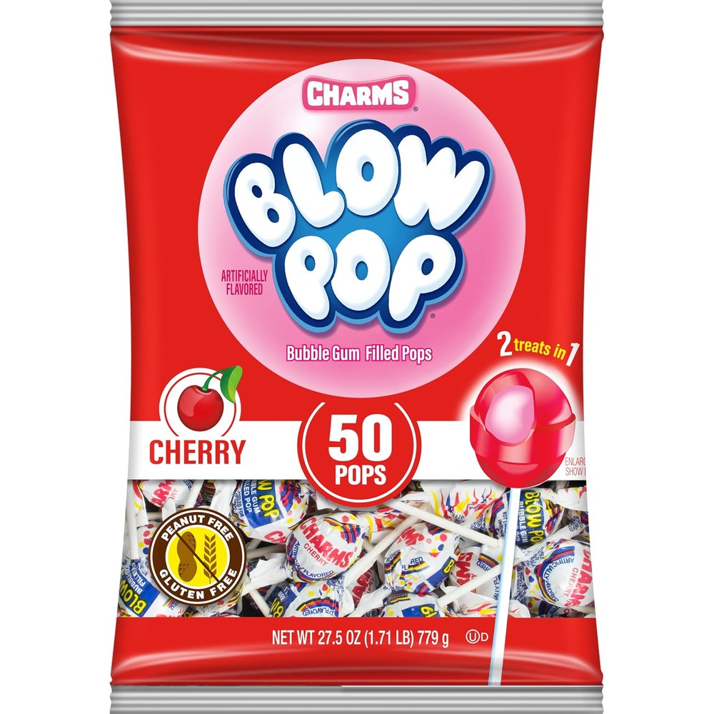 Charms Blow Pop Cherry Lollipops 50 count bag front view