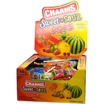 Tootsie Roll Charms Sweet and Sour Pops pack of 48 front view displaying the colorful cardboard display box.