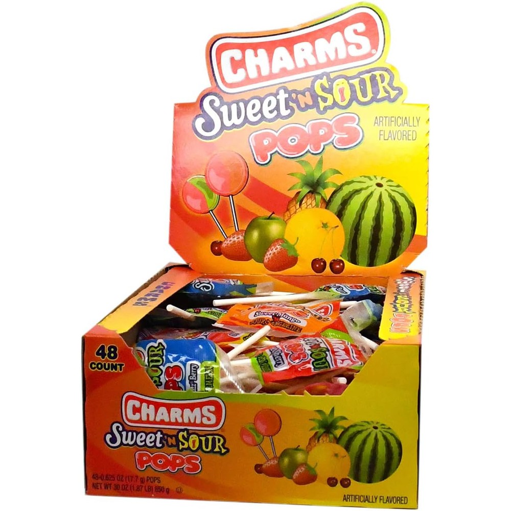 Tootsie Roll Charms Sweet and Sour Pops pack of 48 front view displaying the colorful cardboard display box.