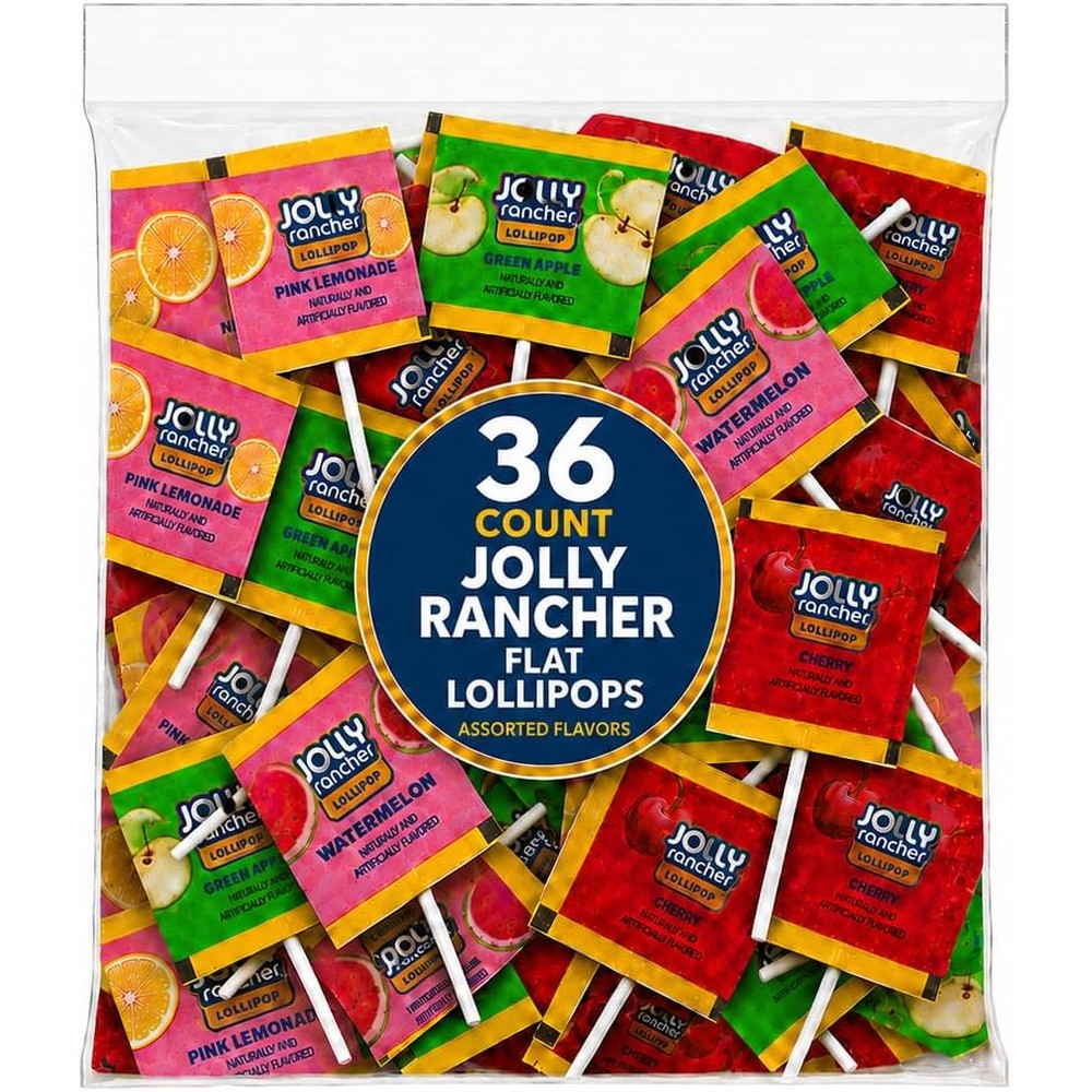Munchique Jolly Flat Lollipops 36 count variety pack front view showing assorted fruity candy flavors.