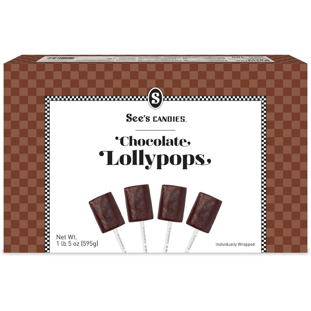 See's Candies Chocolate Lollypops box front view showing premium USA imported gourmet suckers.