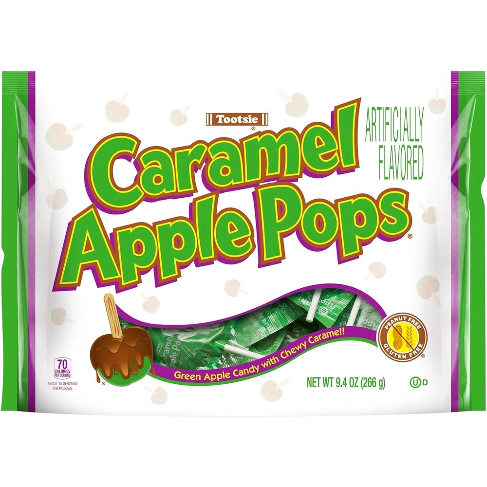 Tootsie Caramel Apple Pops Green 9.4 Ounce Bag front view showing imported candy packaging.
