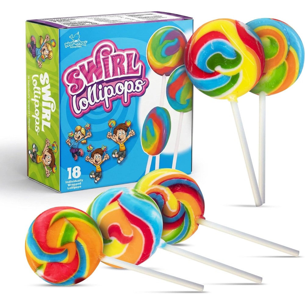 Narwhal Novelties Rainbow Swirl Lollipops front view of 18-pack individually wrapped candy treats.