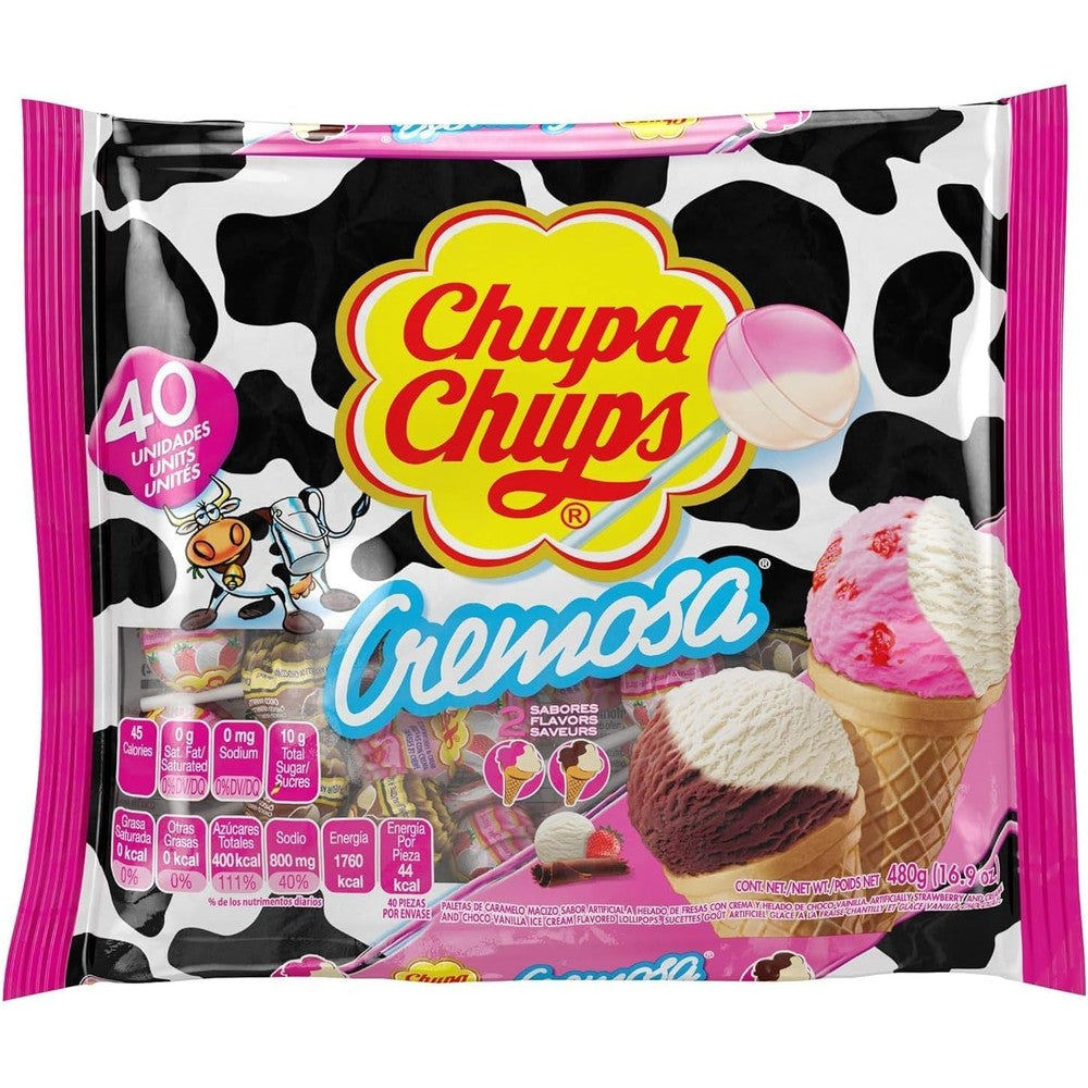 Chupa Chups Cremosa Lollipop Assortment front view bag of 40 creamy ice cream flavor suckers.