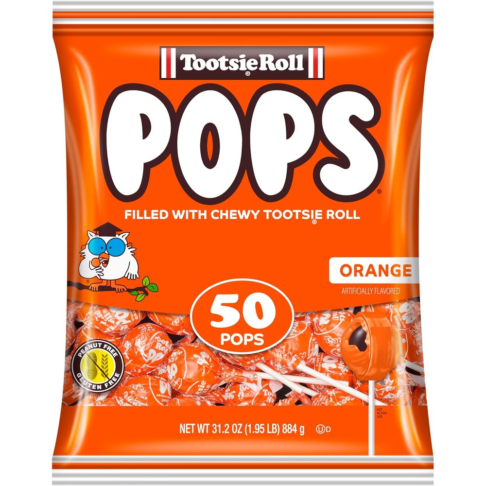 Tootsie Roll Orange Pops Single Flavor Bag front view showing fifty individual lollipops