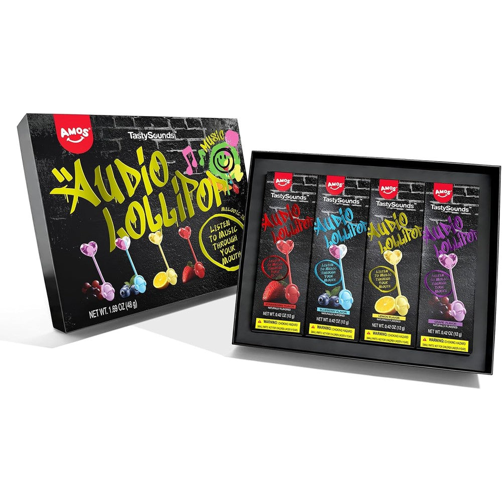 Amos TastySounds Audio Hip Hop Music Lollipop gift box front view featuring four assorted sugar free suckers.