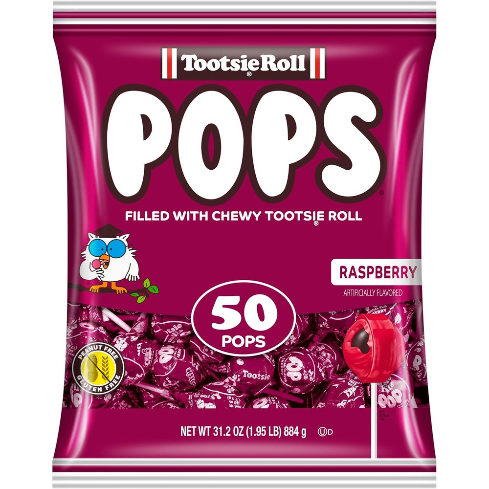 Tootsie Roll raspberry lollipops single flavor bag front view showcasing imported purple candy packaging.
