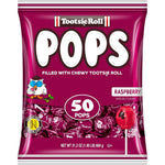 Tootsie Roll raspberry lollipops single flavor bag front view showcasing imported purple candy packaging.