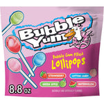 Bubble Yum Assorted Flavored Bubble Gum Filled Lollipops front view pouch