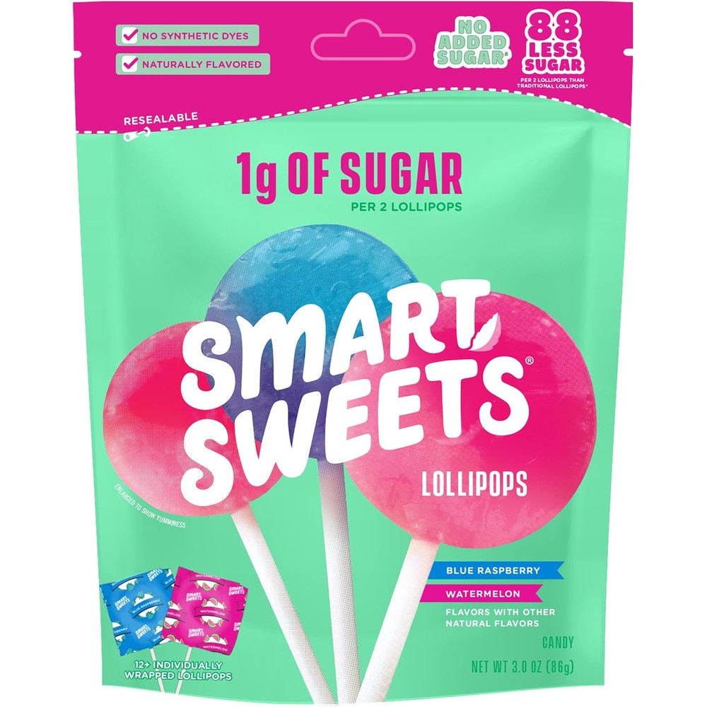 SmartSweets Blue Raspberry Watermelon Lollipops 3 Ounce resealable pouch front view.