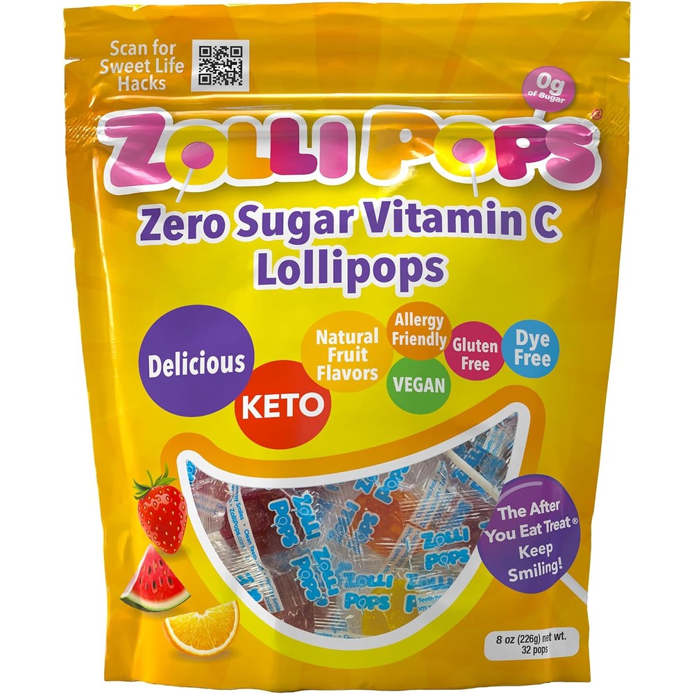 Zollipops Vitamin C Clean Teeth Pops front view of eight ounce bag showing assorted fruit sugar free lollipops