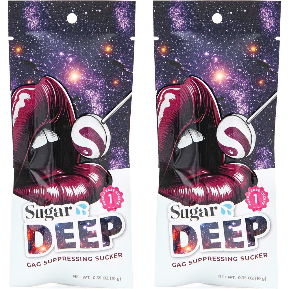 Sugar Splash Deep Gag Suppressing Sucker packaging front view showing the purple raspberry flavor.