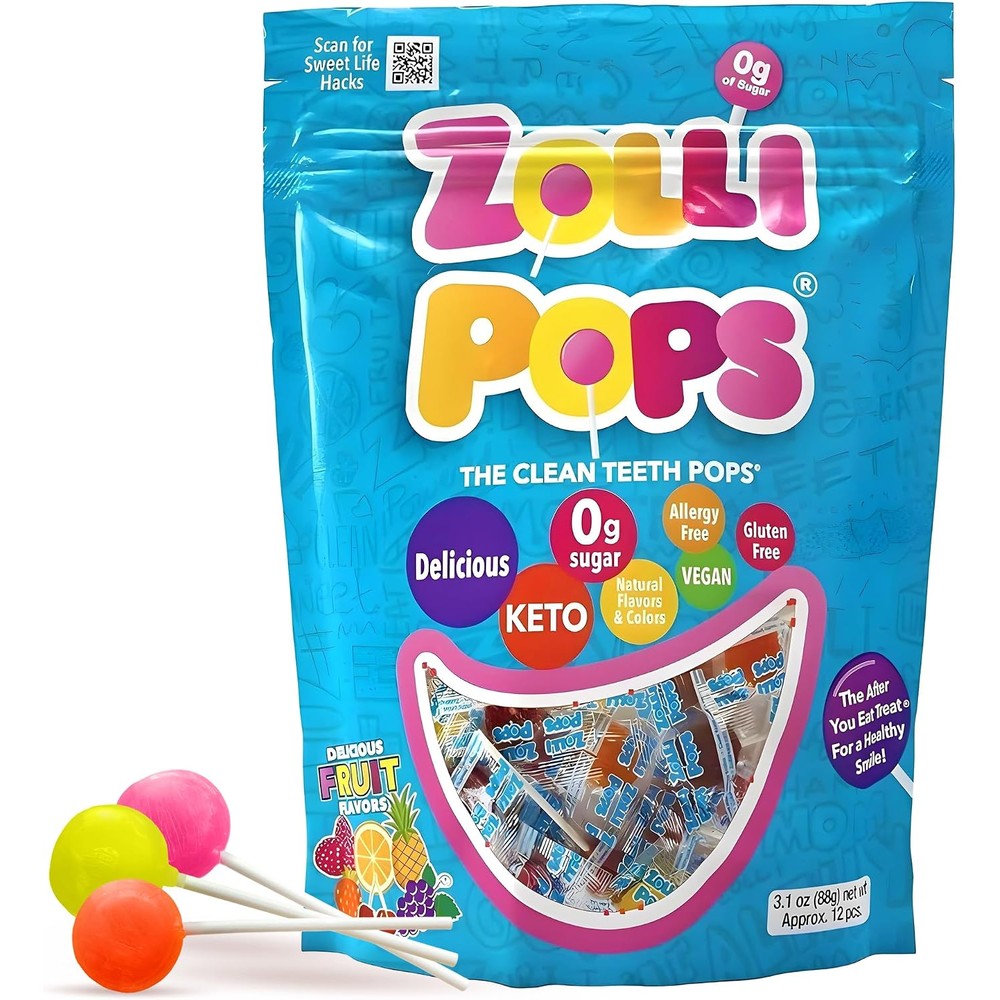Zollipops Clean Teeth Lollipops front view packaging showing assorted fruit flavors candy.