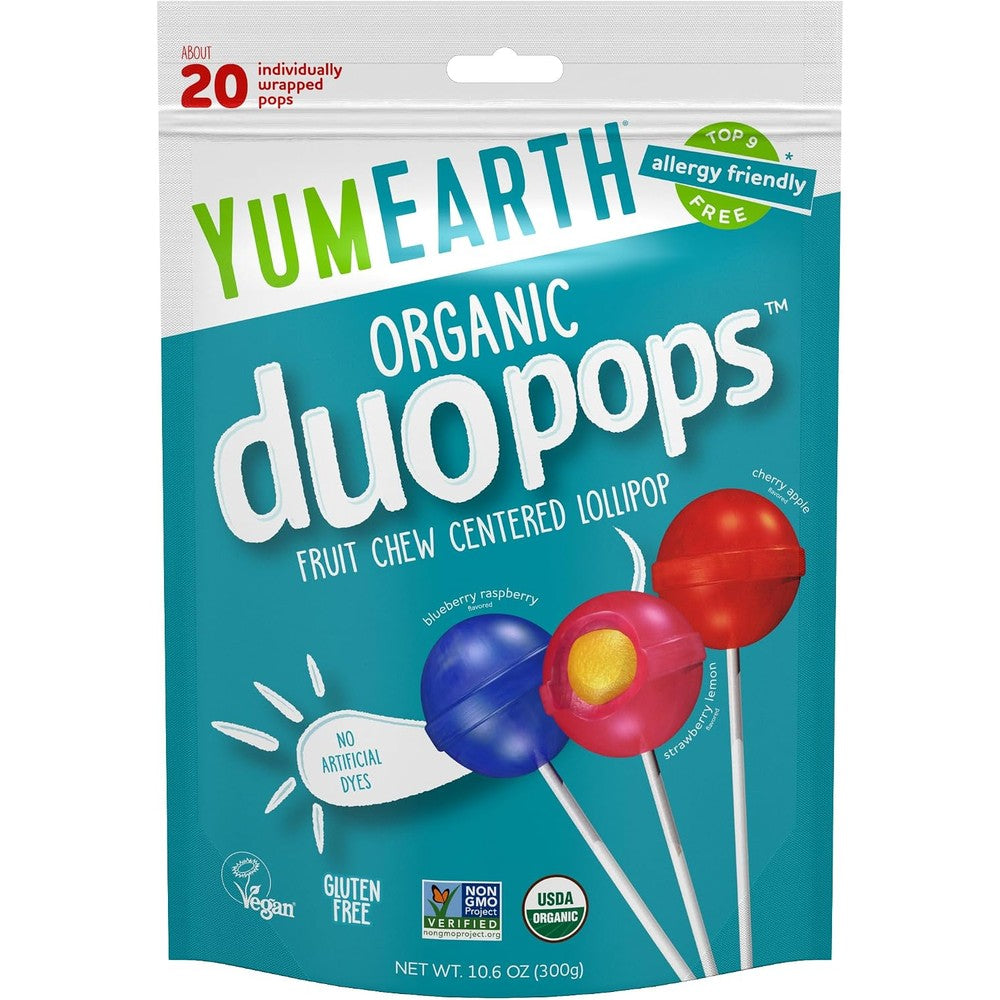 YumEarth Organic Duo Pops front view bag of allergen friendly lollipops