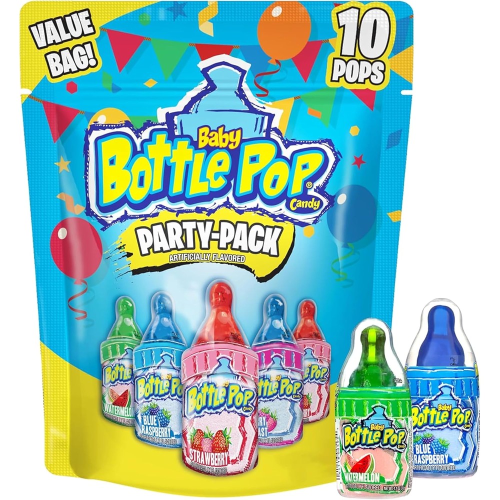 Baby Bottle Pop Candy Lollipops Variety Pack front view showing ten individually wrapped suckers