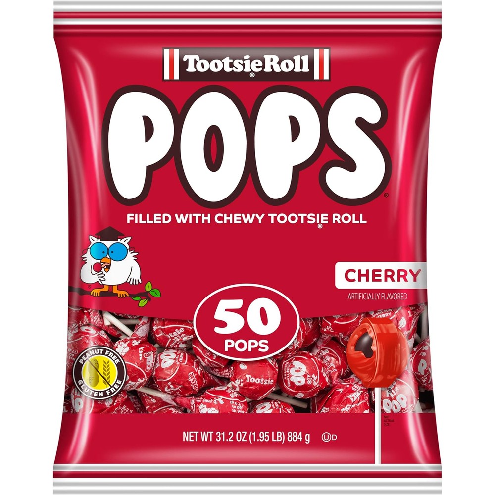 Tootsie Roll Cherry Pops 50 count bag front view showing red cherry lollipops