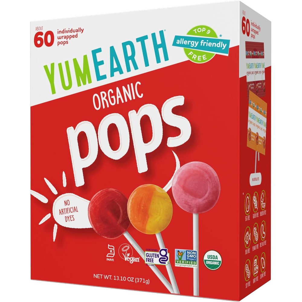 YumEarth Organic Pops Variety Pack front view of the 60 count box featuring allergy friendly fruit lollipops.