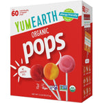 YumEarth Organic Pops Variety Pack front view of the 60 count box featuring allergy friendly fruit lollipops.