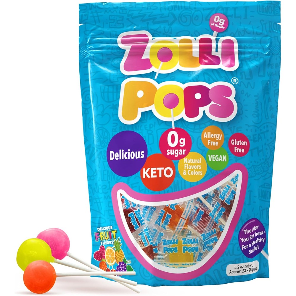 Zollipops Clean Teeth Lollipops front packaging view showing assorted fruit flavors.