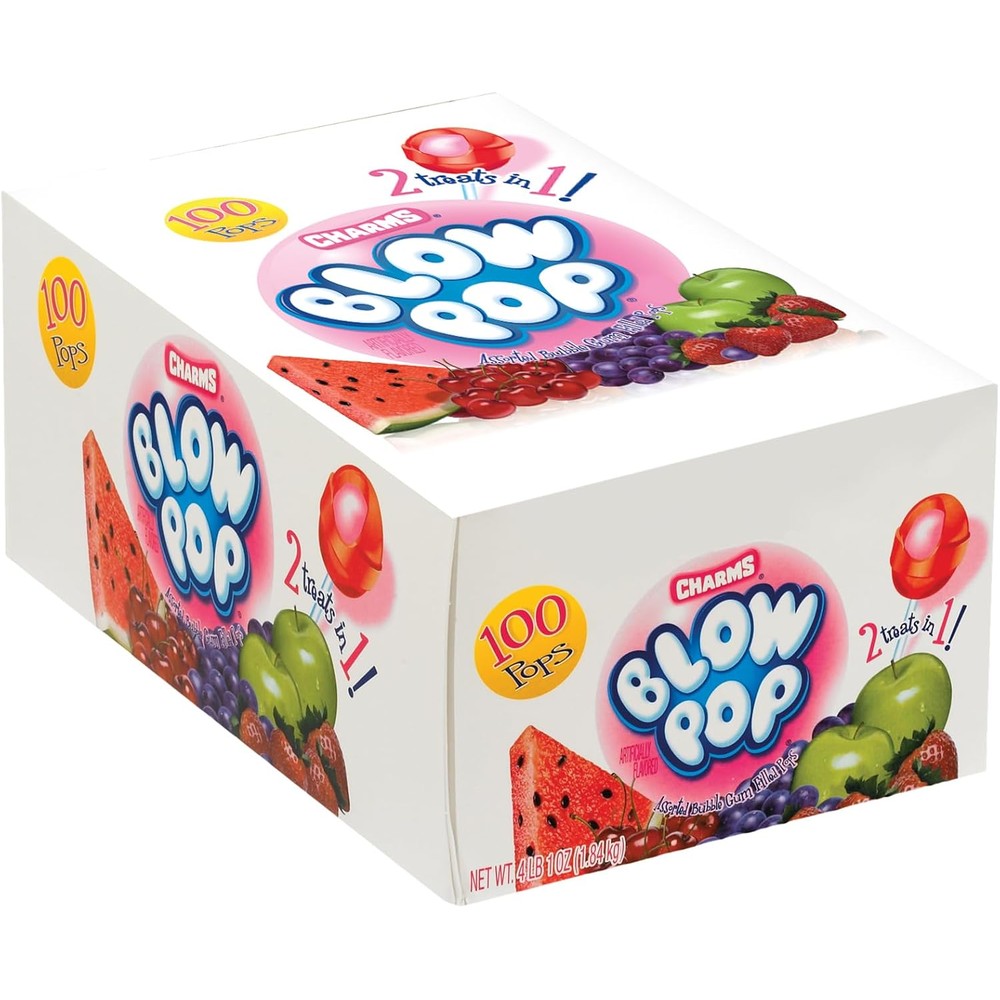 Tootsie Roll Charms Blow Pop Lollipops Assorted Flavors Individually Wrapped Dual Candy And Bubble Gum Peanut Free One Hundred Count Box