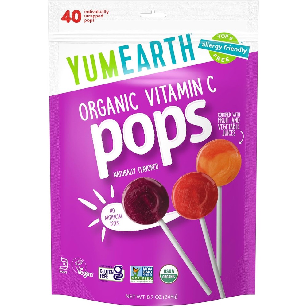 YumEarth Organic Vitamin C Lollipops variety pack front view showing the bag containing forty pieces of natural fruit candy.