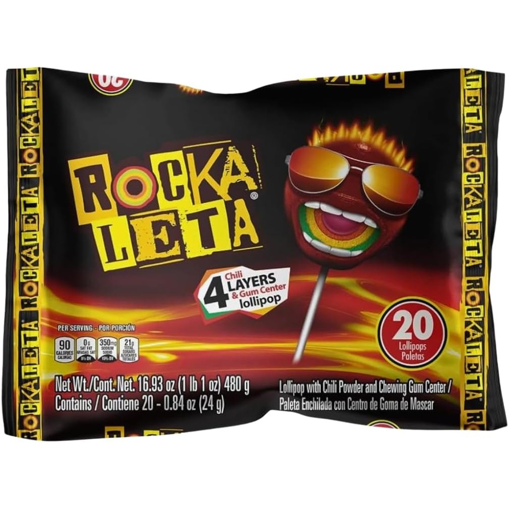 Alebrixes Rockaleta spicy lollipops 20 pack front view