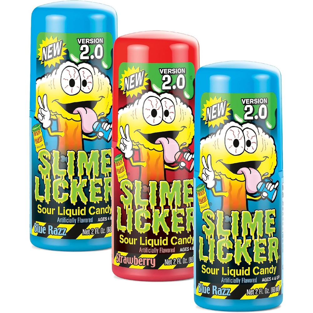 Toxic Waste Slime Licker 2.0 sour liquid candy three pack packaging front view showing cartoon characters