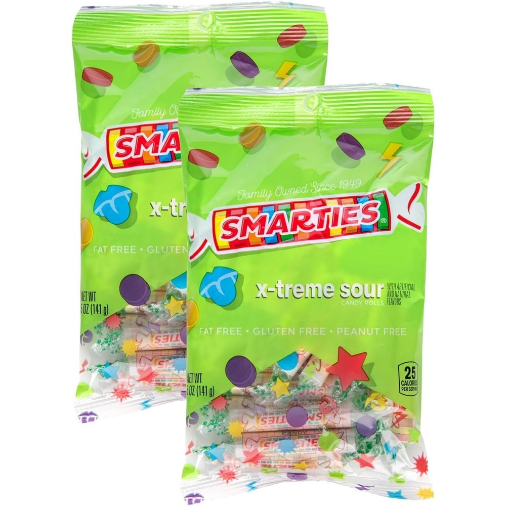 DDI Smarties X-treme Sour Candies front view of the twin pack packaging showcasing the imported American sour candy rolls.
