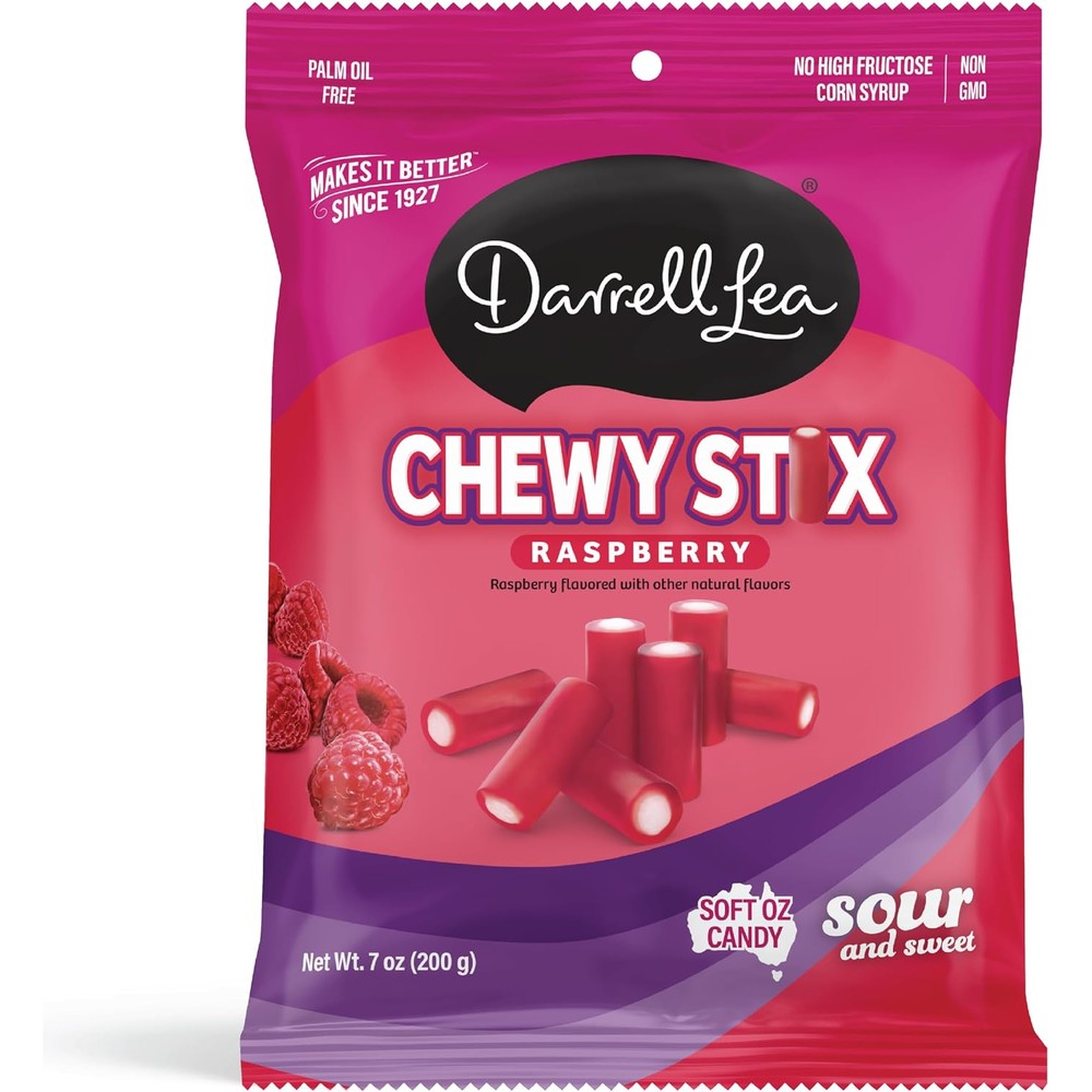 Darrell Lea Chewy Stix Sour Raspberry candy packaging front view