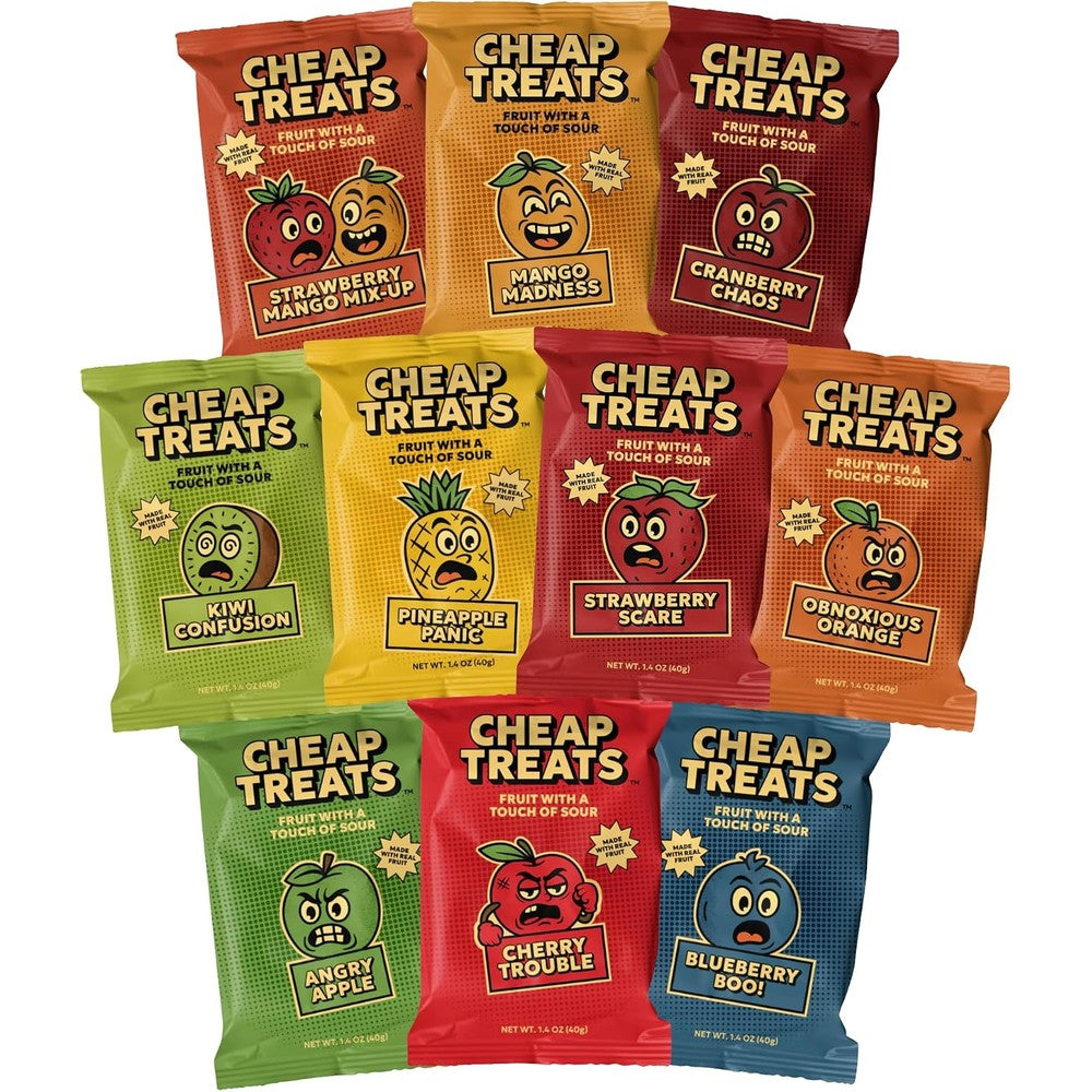 Cheap Treats Sour Bites Mixed Variety Pack front view of the commercial packaging.