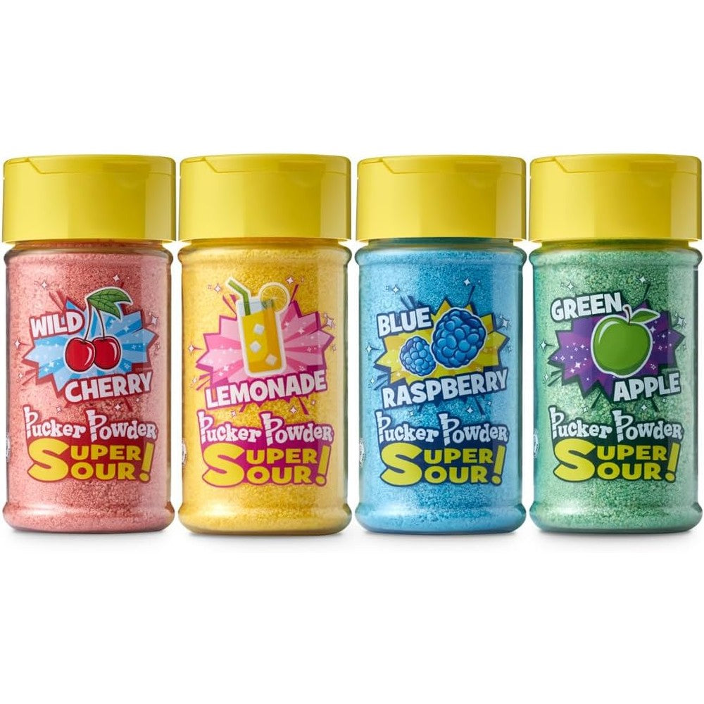 Pucker Powder Super Sour Topping Assortment Pack front view of four flavor pouches