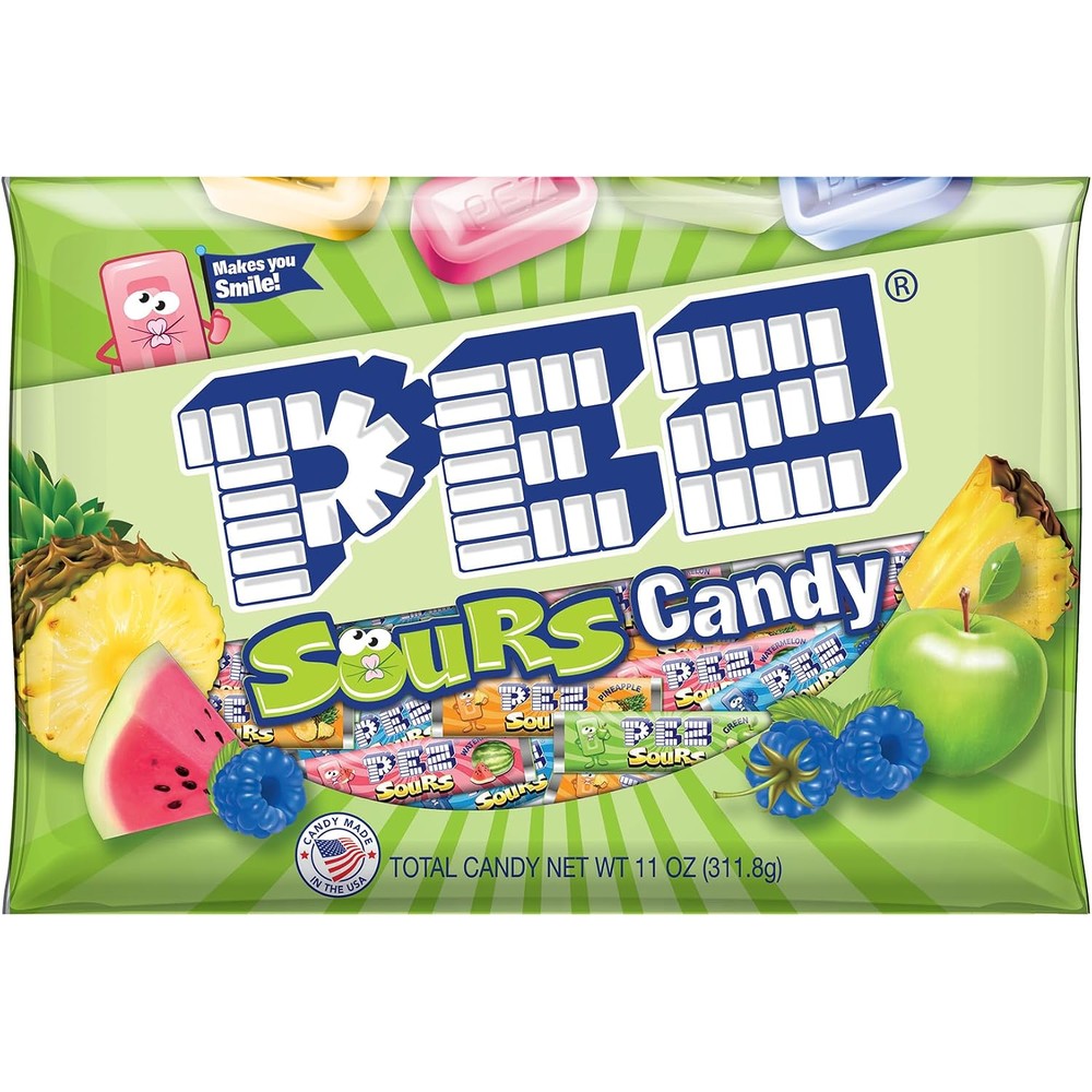 PEZ Candy Sour Refill Rolls bulk variety bag front view showing assorted flavors.