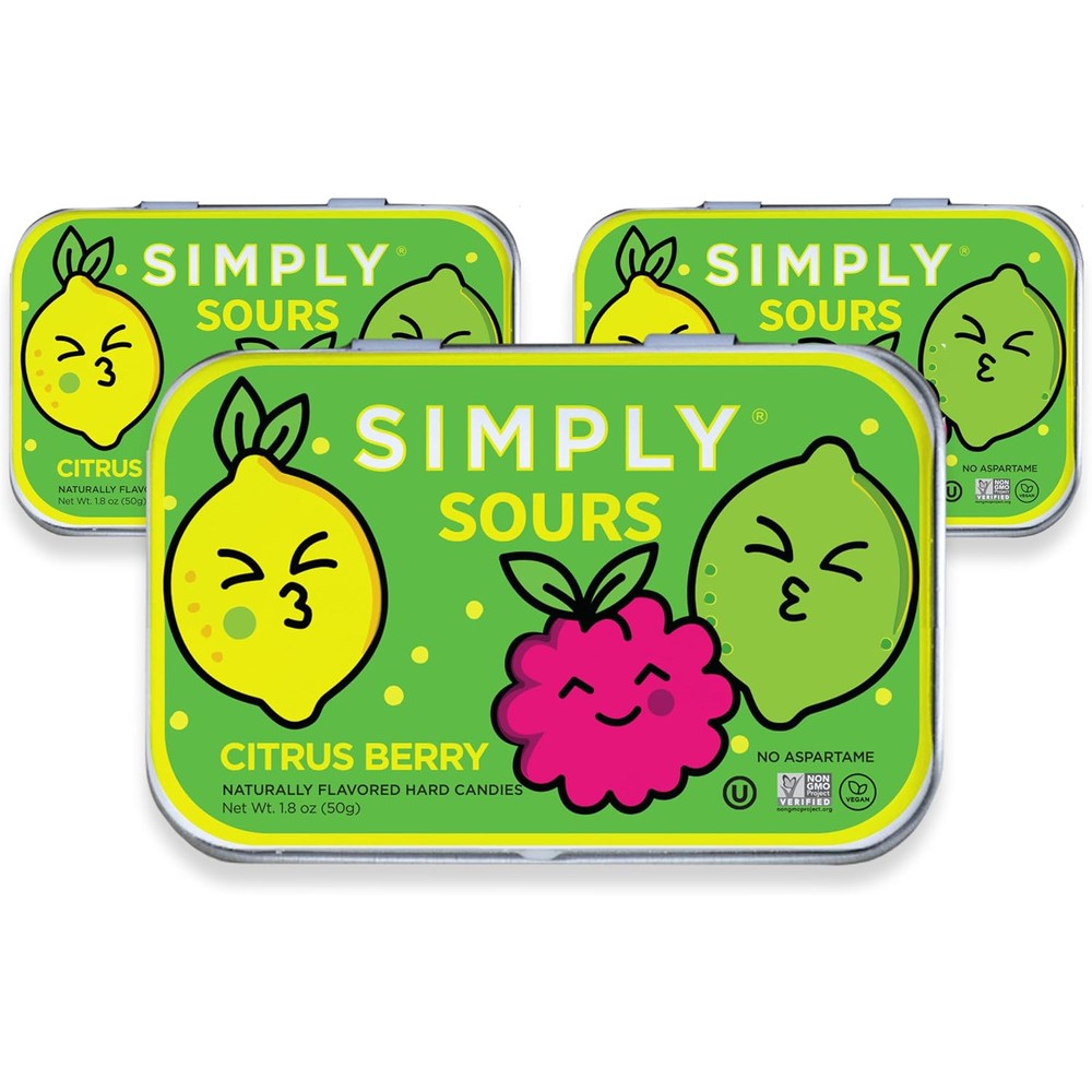 Simply Gum Simply Sours Citrus Berry hard candy tins three pack front view