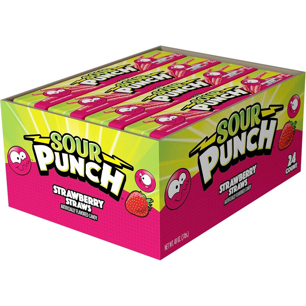 Sour Punch Strawberry Sour Straws 2 Ounce Tray Pack of 24 Chewy Candy