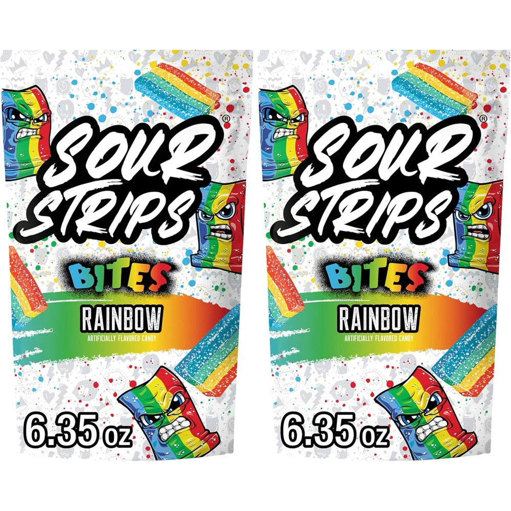 SOUR STRIPS Bites Rainbow candy bag front view showing the colorful packaging.