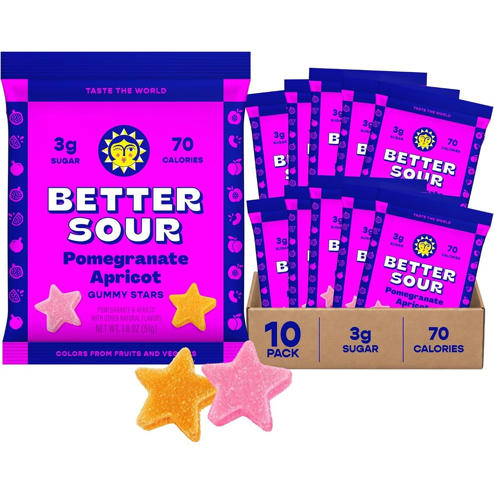 Better Sour Pomegranate Apricot Gummy Stars 10 Pack front view showing the packaging of the healthy low sugar candy.