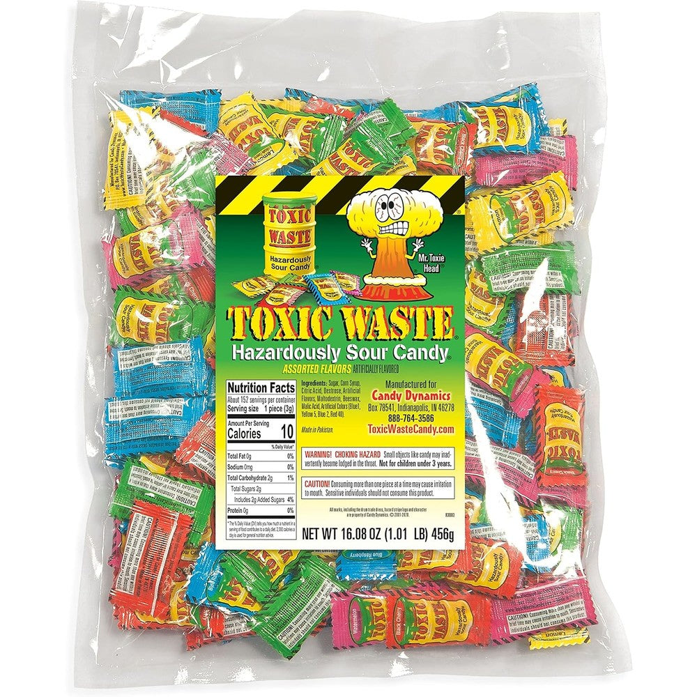 Toxic Waste Hazardously Sour Candy Assorted Fruit Flavors Extreme Double Action Pucker Sweets One Pound Resealable Pouch