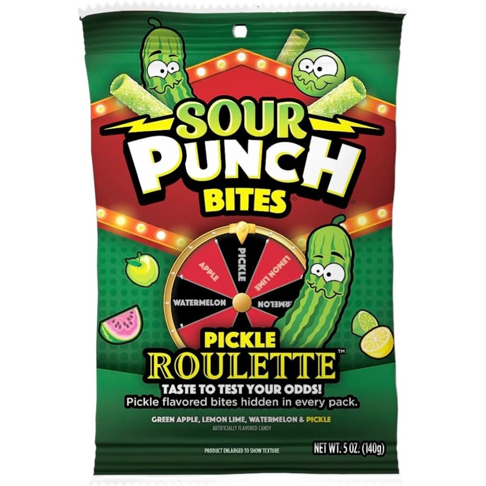 Sour Punch Bites Pickle Roulette front view of the five ounce imported candy bag.