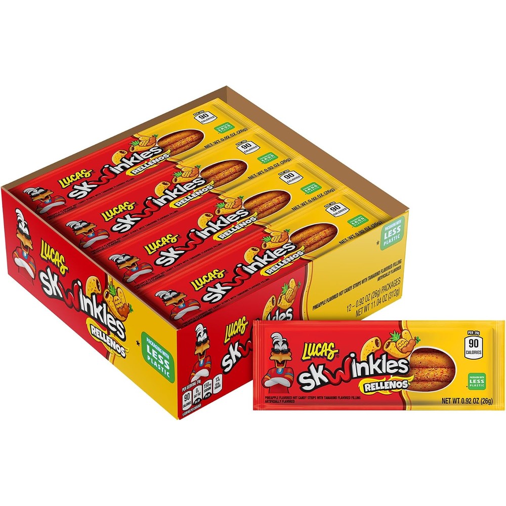 Lucas Skwinkles Rellenos Pineapple Flavor And Tamarind Filled Sweet And Sour Spicy Candy Strips 0.92 Ounce 12 Count Pack
