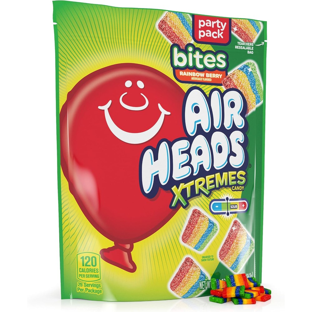 Airheads Xtremes Rainbow Berry Candy Bites 30.4 Ounce front view package of imported American candy
