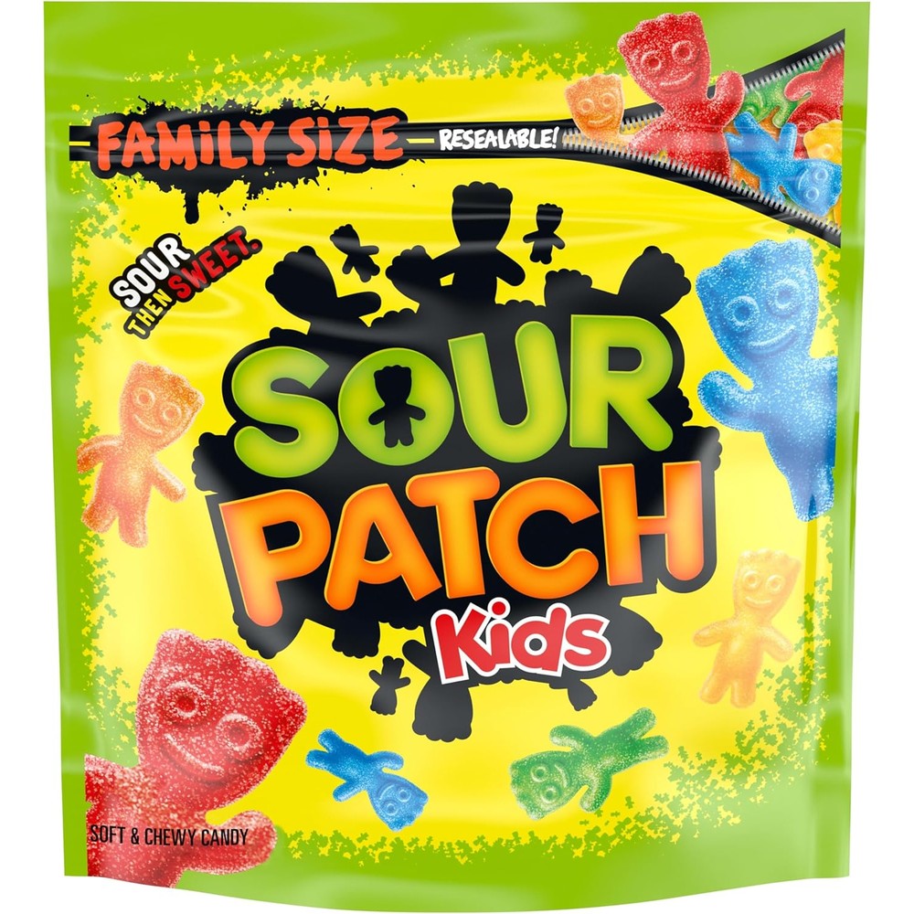 Sour Patch Kids soft and chewy gummy candy family size front packaging view.