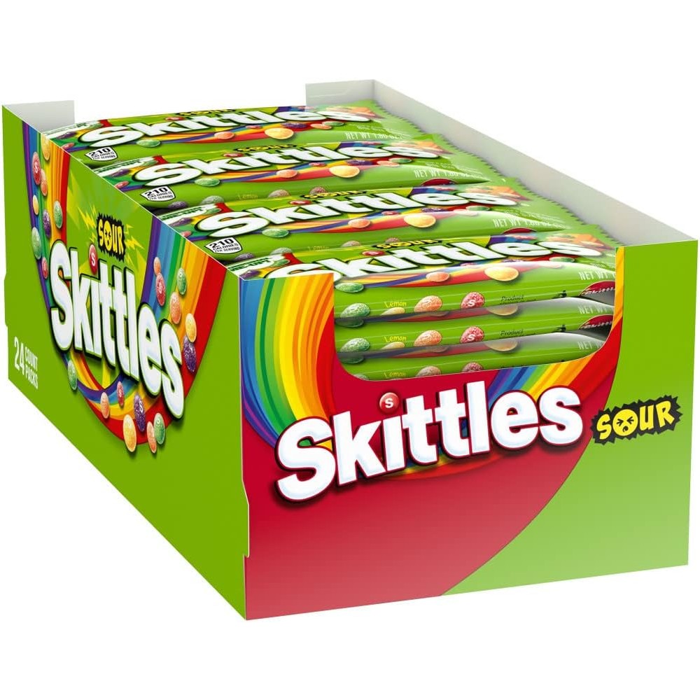Skittles Sours Individually Wrapped Full Size Chewy Sour Candy Packs 24 Count Bulk Box 1.8 Ounce Packs