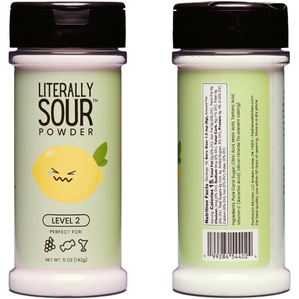 Padiano's Kitchen Literally Sour Powder Level 2 front view of the 5 ounce shaker bottle.