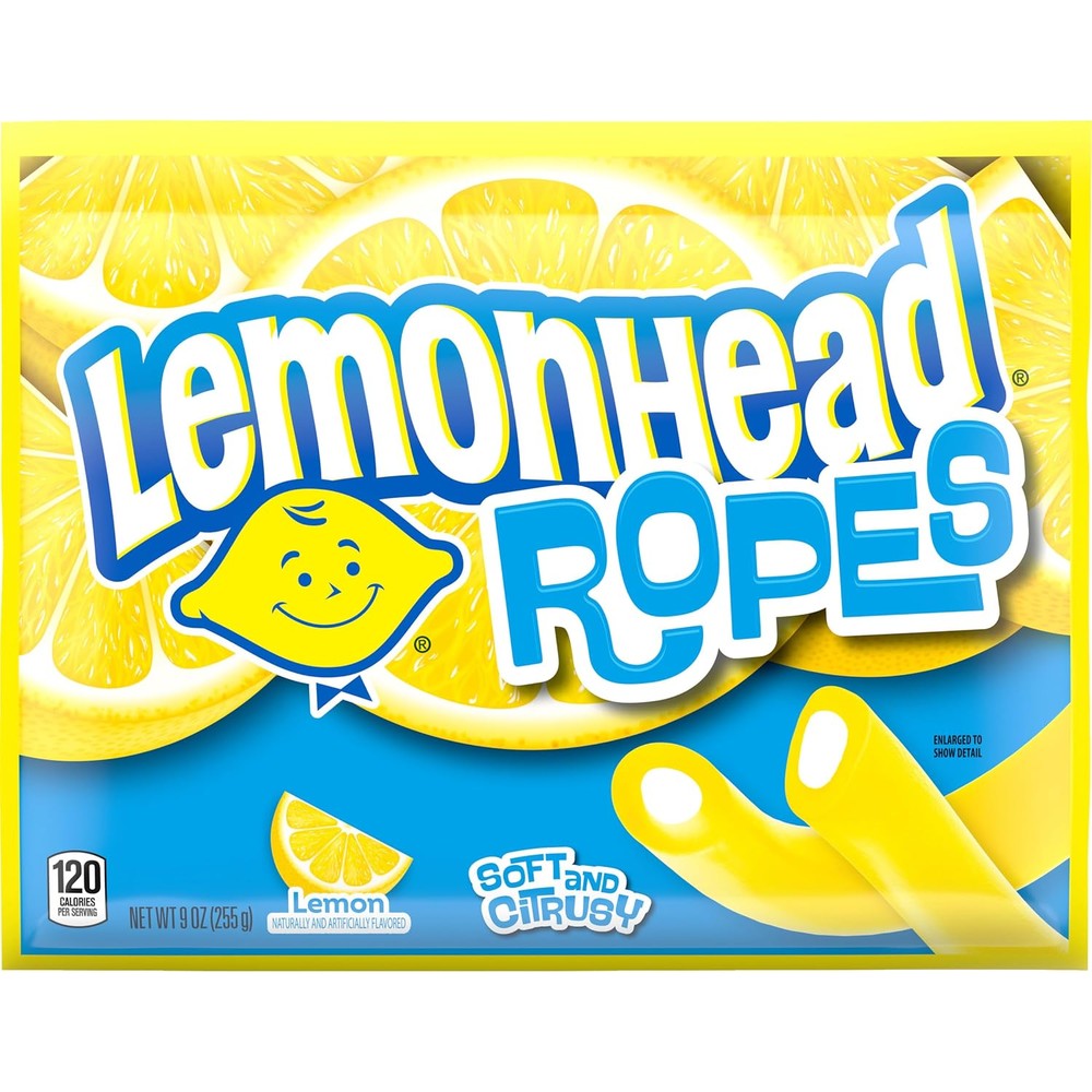 Lemonhead Ropes candy 9 ounce front view packaging with soft yellow design.