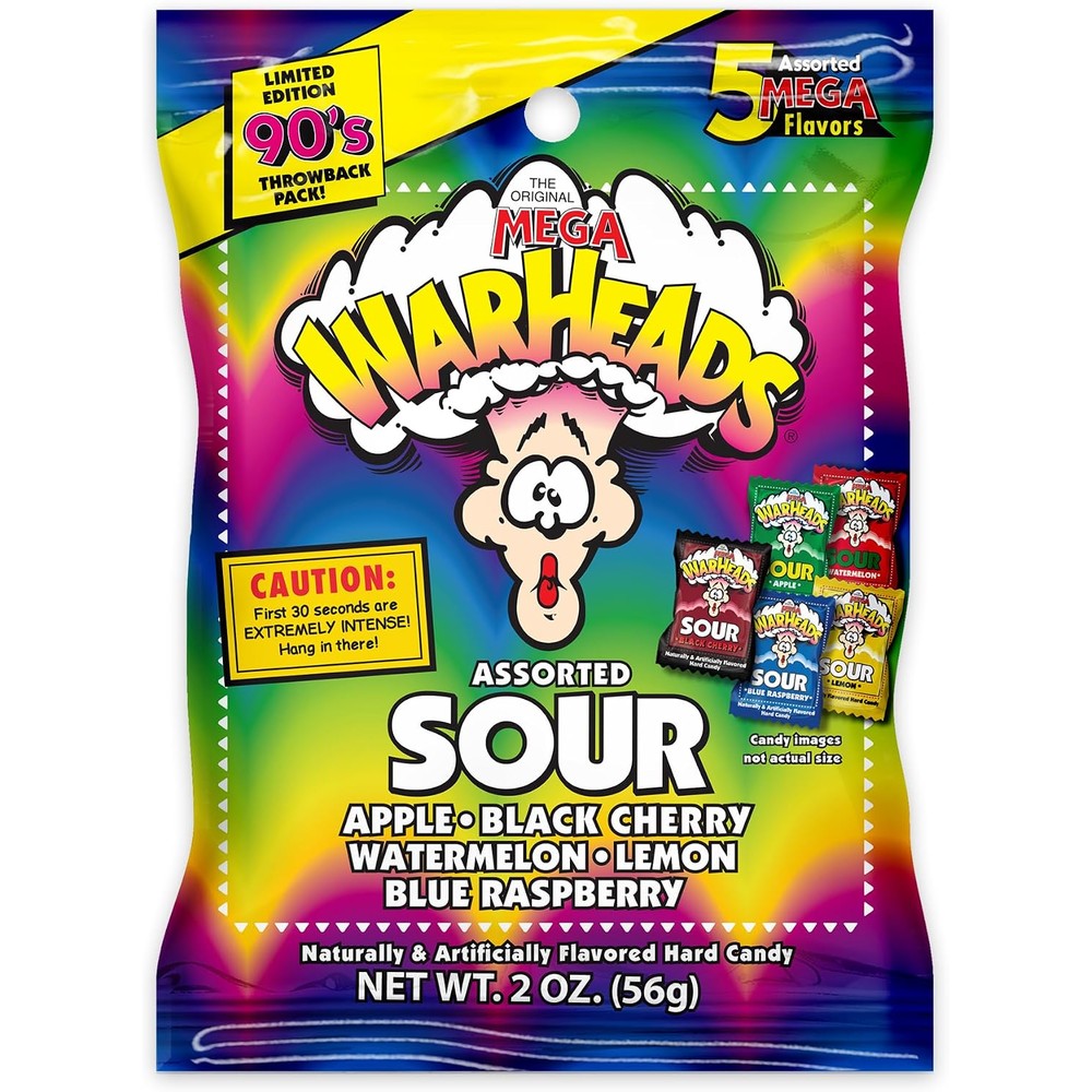 Warheads Extreme Sour Hard Candy Assorted Flavors Sour Apple Black Cherry Blue Raspberry Lemon And Watermelon 56 Grams Pouch