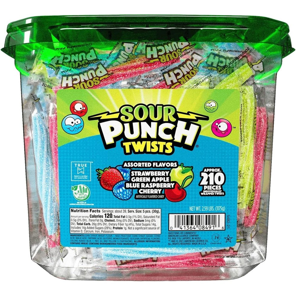 Sour Punch Twists bulk jar front view showing assorted fruity sour candies