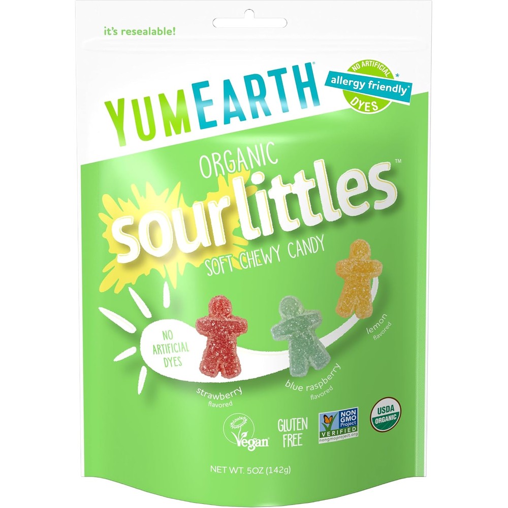 YumEarth Organic Sour Littles Chewy Candy 5 Ounce bag front view showing allergy friendly labels.